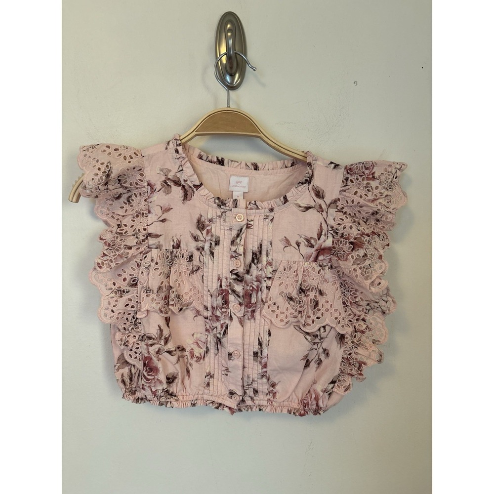 Gap x LoveShackFancy Girls Floral Ruffle Button-Front Top Medium Eyelet Lace